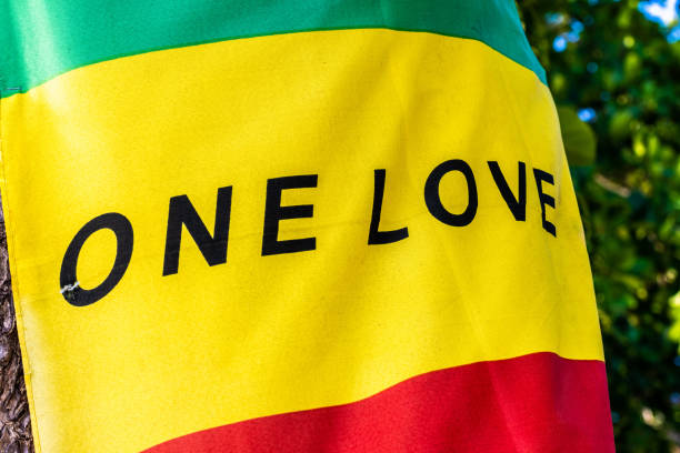 rasta colores en la bandera con one love-título de la famosa canción de bob marley-colgando en el árbol en jamaica. - bob marley fotografías e imágenes de stock