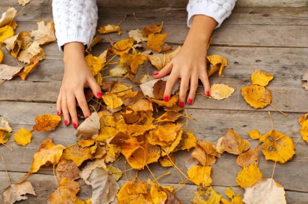 istock Woman playing with dry autumn leaves 1150375836