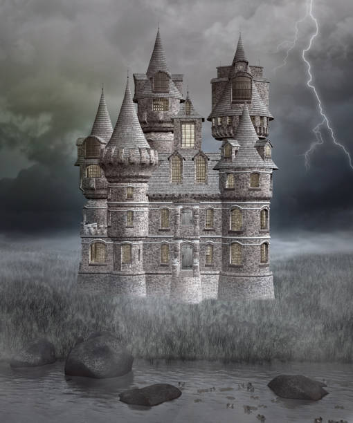 istock Stormy weather landscape with a medieval castle 1150376975