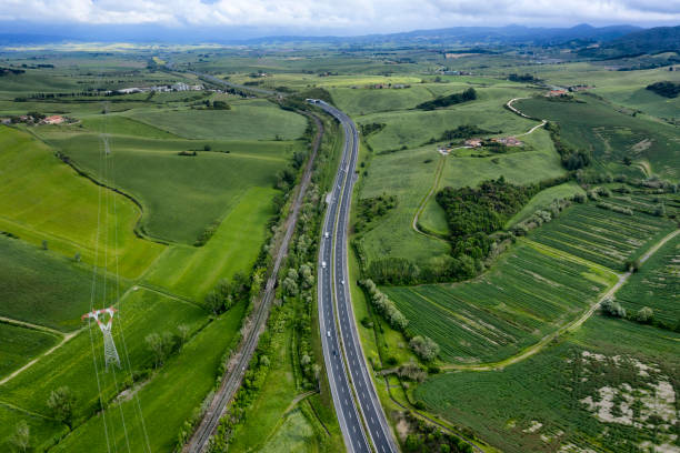 Aerial view of highway in Tuscany countryside, Italy stock photo