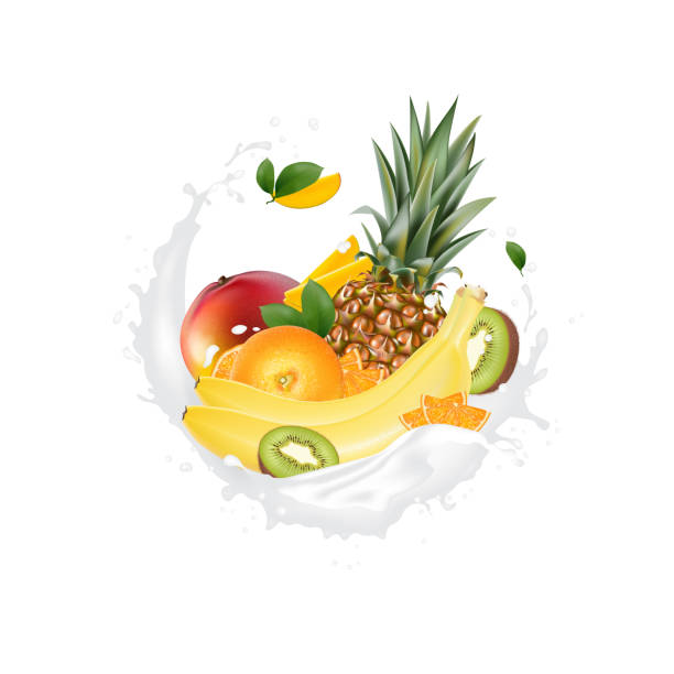 istock Fresh 3d realistic fruit slices with juice milk yogurt splash drops isolated on a white background. Packaging template. Realistic organic fruit dairy product. 1150377693