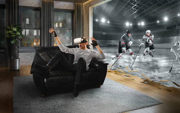 istock Man in VR Glasses. Virtual Reality with Hockey 1150384163