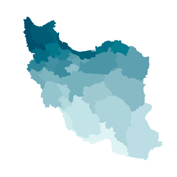 Vector isolated illustration of simplified administrative map of Iran. Borders of the provinces. Colorful blue khaki silhouettes Vector isolated illustration of simplified administrative map of Iran. Borders of the provinces. Colorful blue khaki silhouettes. khuzestan province stock illustrations