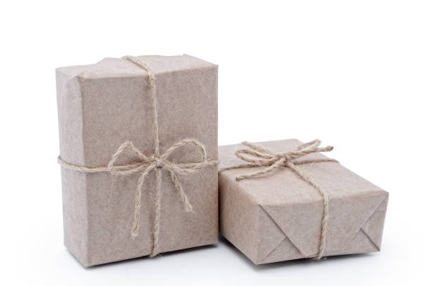 istock Boxes wrapped in wrapping paper on a white background 1150392224