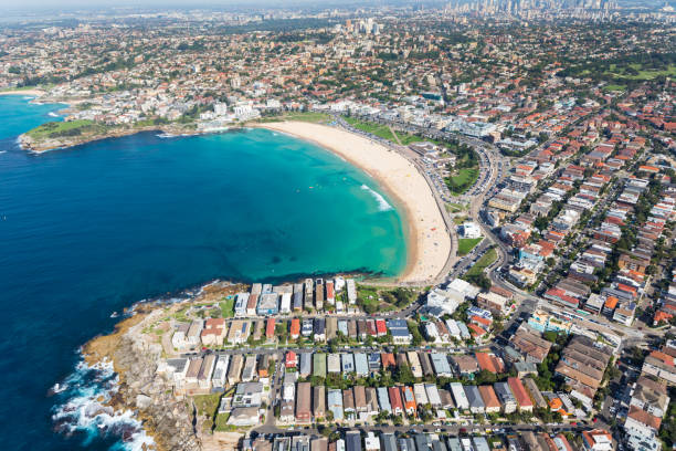 Bondi Beach aerial view - Sydney NSW Australia Aerial view of the famous Bondi Beach - Sydney NSW Australia. One of the most famous beaches in the world located to the East of Sydney CBD bondi beach photos stock pictures, royalty-free photos & images