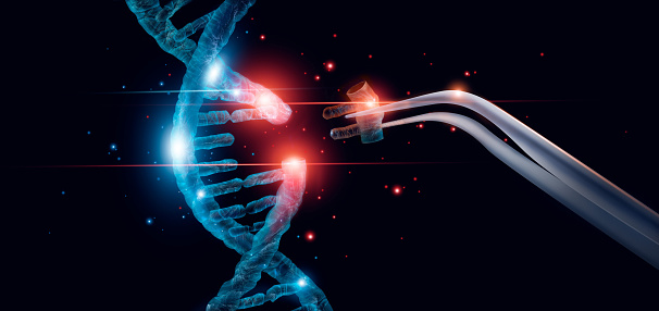 Molécula de ADN luminosa abstracta. Concepto de manipulación genética y génica. Corte de reemplazar parte de una molécula de ADN. Medicina. Innovador en ciencia. Ciencias médicas y biotecnología. photo