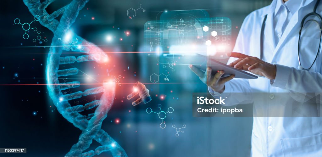 Abstract luminous DNA molecule. Doctor using tablet and check with analysis chromosome DNA genetic of human on virtual interface. Medicine. Medical science and biotechnology. Science Stock Photo Abstract luminous DNA molecule. Doctor using tablet and check with analysis chromosome DNA genetic of human on virtual interface. Medicine. Medical science and biotechnology. Science Stock Photo