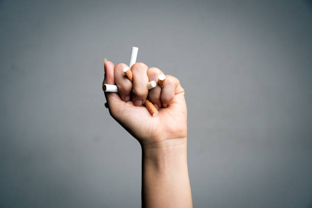 world no tobacco day, may 31. stop smoking. close up man hand crushing and destroying cigarettes on gray background. - nicotine healthcare and medicine smoking issues lifestyles imagens e fotografias de stock