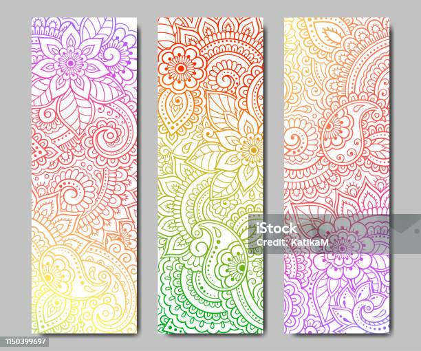 Set Of Design Yoga Mats Floral Pattern In Oriental Style For Decoration Sport Equipment Colorful Ethnic Indian Ornaments For Spiritual Serenity Decor Of Business Card Poster Print In Henna Tattoo Stock Illustration - Download Image Now