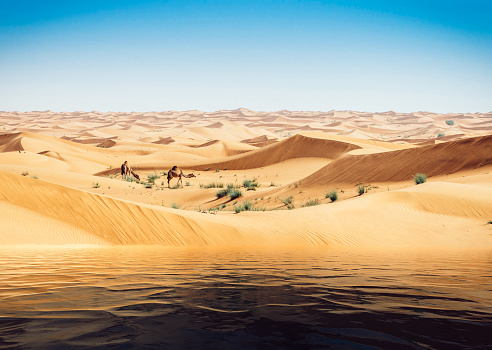 Mirage of the water in the Arabian desert. Background image digital enhancement. Camels in background