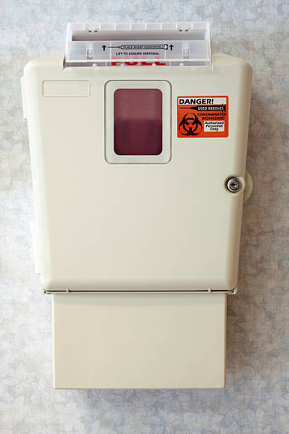 Hospital Sharps Syringe Needle Disposal Container on a Wall stock photo