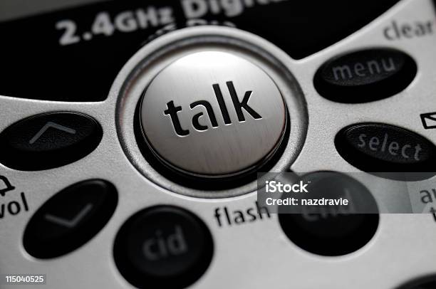 Cordless Telephone Talk Button Closeup Stock Photo - Download Image Now - Black Color, Business, Chrome