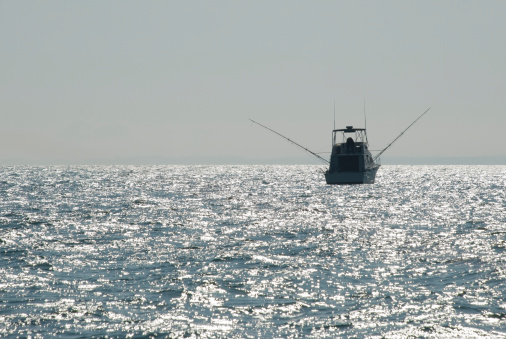 A charter fishing boat on Lake Michigan in the United States. 