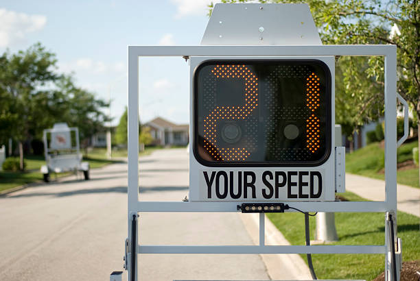 Law Enforcement Mobile Police Speed Radar Trailer Sign at 21MPH stock photo