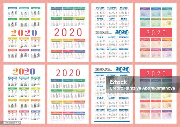 Good Calendar 2020 Year Vector Template Collection Colorful English Pocket Calender Set Week Starts On Sunday Stock Illustration - Download Image Now