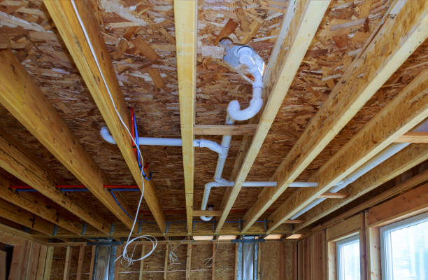 waste pvc pipe drainage system inside building, piping on the ceiling - construction apartment house in a row imagens e fotografias de stock