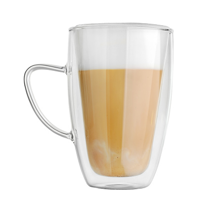 Transparent double wall glass mug with latte coffee isolated on white background