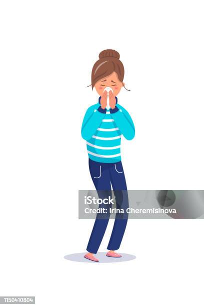 Young Woman Sneezing Flat Character Stock Illustration - Download Image Now - Sneezing, Women, Napkin