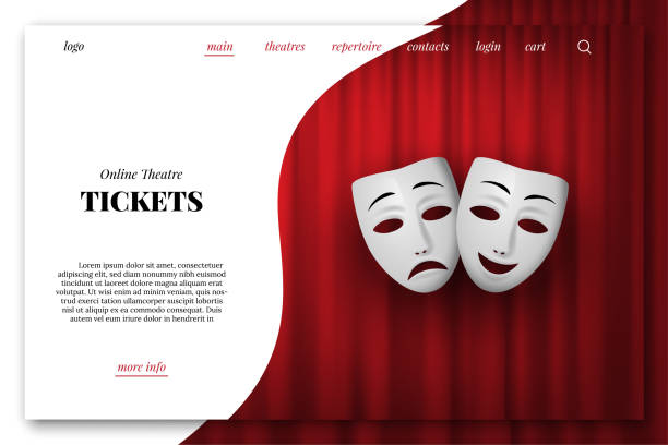 online-theaterkarten vector landing page vorlage. comedy und tragedy-theatermaske isoliert auf einem roten vorhang-hintergrund. - opera music mask carnival stock-grafiken, -clipart, -cartoons und -symbole