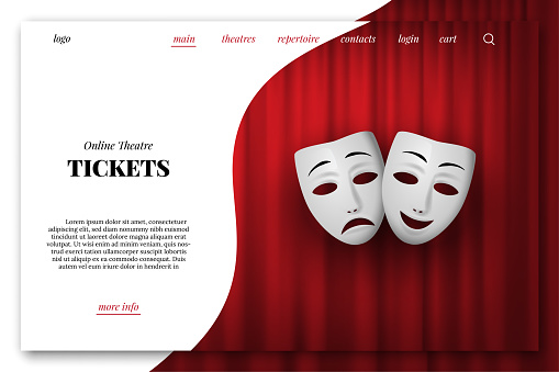 Online theatre tickets vector landing page template. Comedy and Tragedy theatrical mask isolated on a red curtain background.