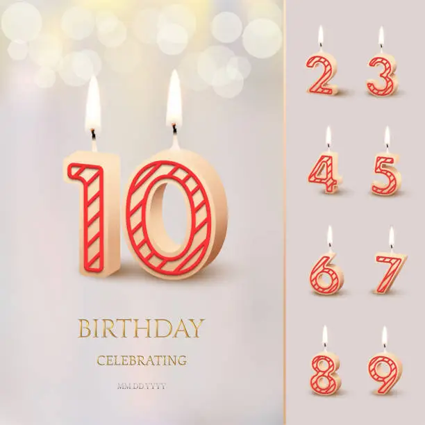 Vector illustration of Burning Birthday candle in the form of number 10 figure and Happy Birthday celebrating text with numbers set isolated on blurred background. Vector Birthday invitation template.