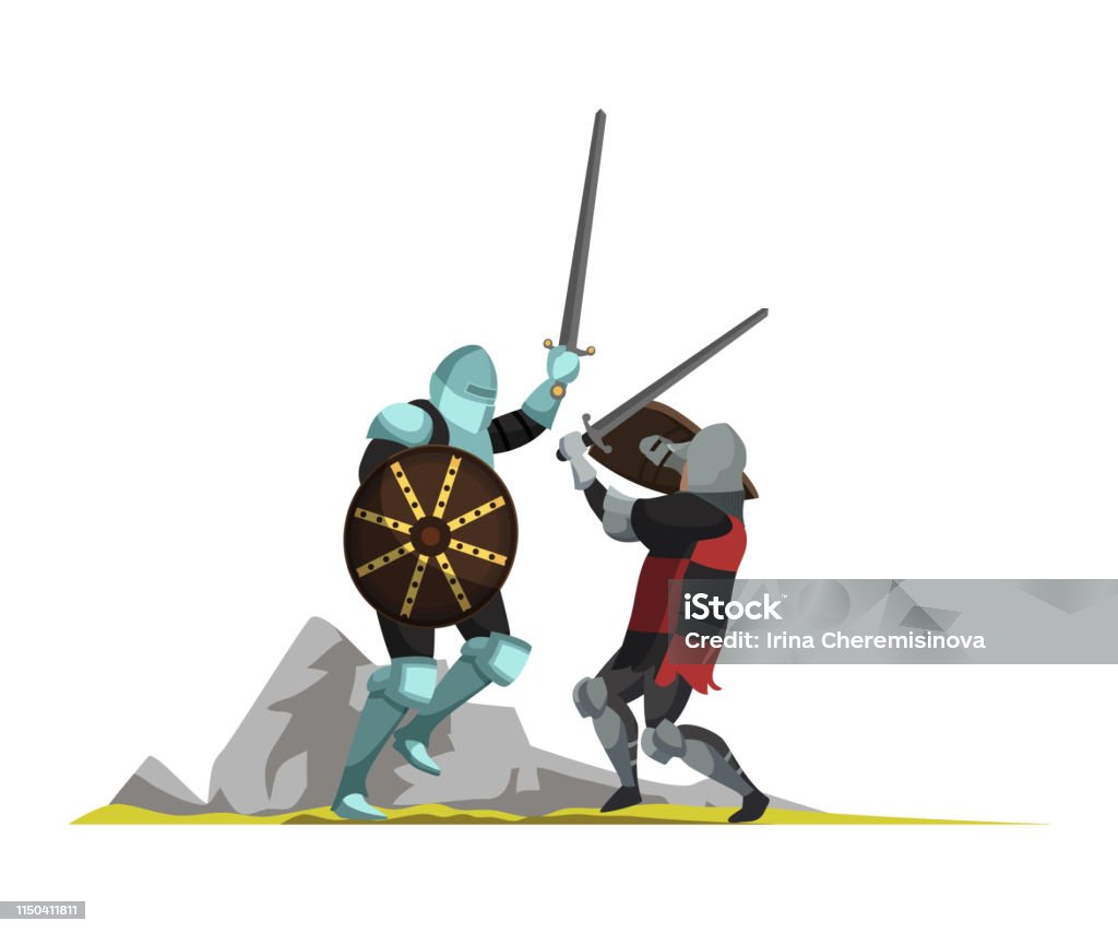 Medieval warriors flat vector illustration Medieval warriors fighting with swords flat vector illustration. Middle ages war scene. Armed warriors cartoon characters. Tournament, joust drawing. Ancient fighters isolated design element Heroes stock vector