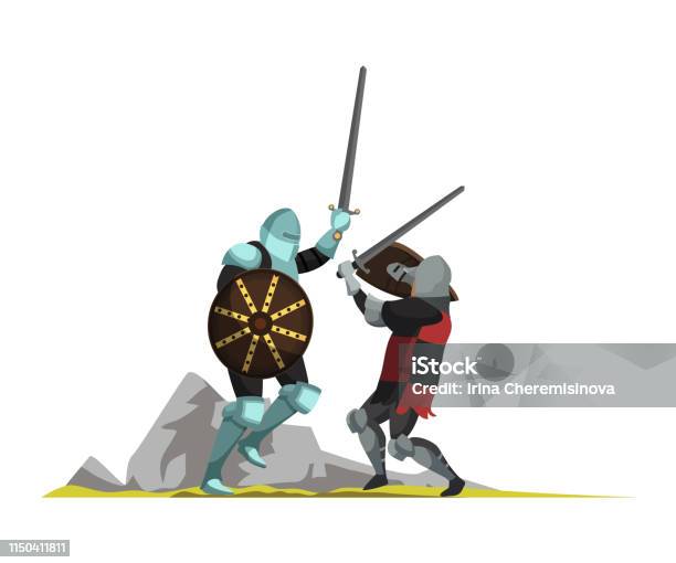 Medieval Warriors Flat Vector Illustration Stock Illustration - Download Image Now - Heroes, Knight - Person, Sword