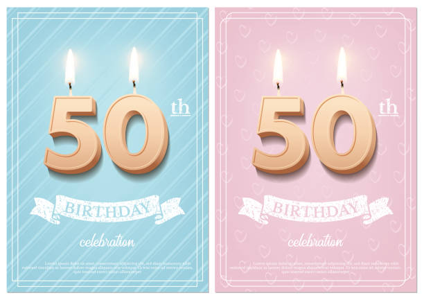 Burning number 50 birthday candles with vintage ribbon and birthday celebration text on textured blue and pink backgrounds in postcard format. Vector vertical fiftieth birthday invitation templates. Burning number 50 birthday candles with vintage ribbon and birthday celebration text on textured blue and pink backgrounds in postcard format. Vector vertical fiftieth birthday invitation templates fiftieth stock illustrations