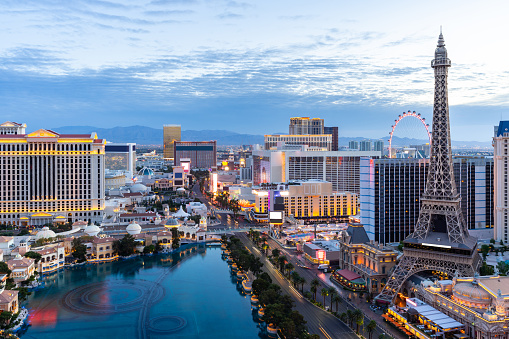cityscape Las Vegas strip Aerial view in Nevada dawn sunrise twilight USA