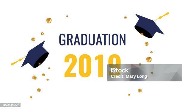 Graduate Caps And Gold Glitter Confetti On A White Background Stock Illustration - Download Image Now