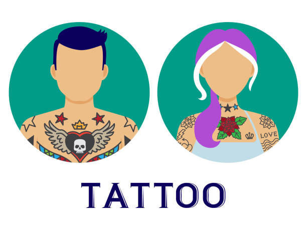 Icons of people with tattoo vector. Man and woman with different pictures on their bodies Icons of people with tattoo vector. Man and woman with different pictures on their bodies. Tattoo female and male character, girl and man illustration woman tattoos stock illustrations