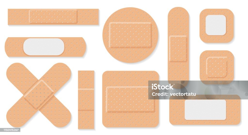 Medical plasters set Medical plaster. Medical plasters isolated on white background, wound plasterer or bandaged patch, vector adhesive health care object Adhesive Bandage stock vector