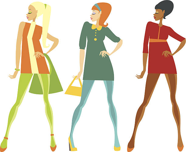 Sixties style girls Sixties style fashionable colorful girls. 60s style dresses stock illustrations