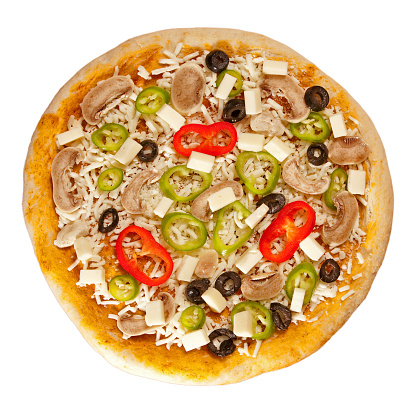 isolated pizza with pepper, mushroom, cheese, olive
