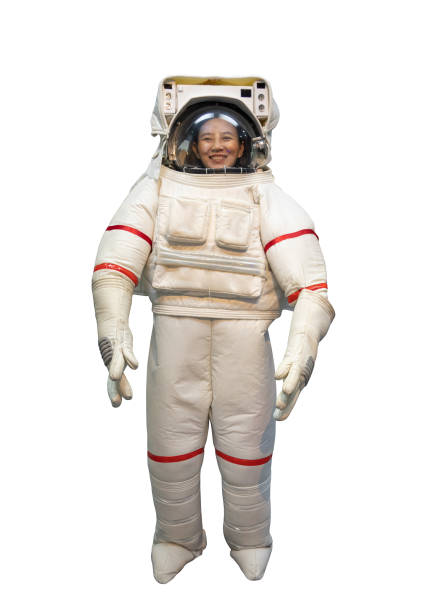 happy asian woman with big smile in white astronaut suit and astronaut helmet dreaming to be spacewoman isolate on white background with clipping path - spacewoman imagens e fotografias de stock