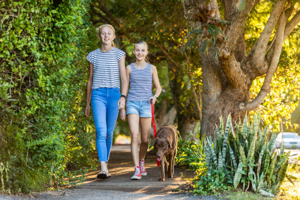 istock Two girls walking their dog 1150418258