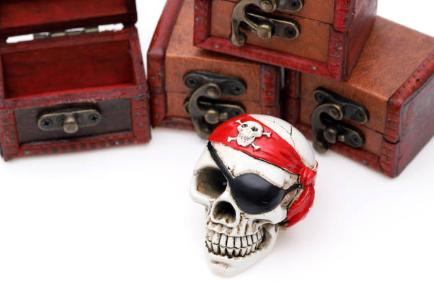 istock Skeleton pirate with treasure chest 1150418932