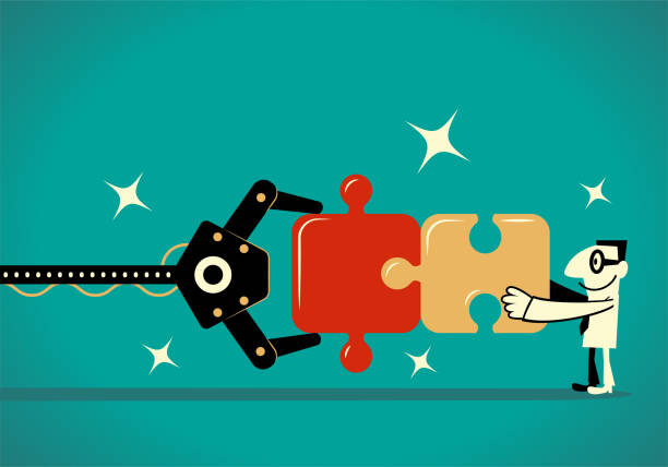 Artificial intelligence robot arm and businessman completing jigsaw puzzle (teamwork) Business Man Characters Manga Style Cartoon Vector art illustration.
Artificial intelligence robot arm and businessman completing jigsaw puzzle (teamwork). game developer stock illustrations