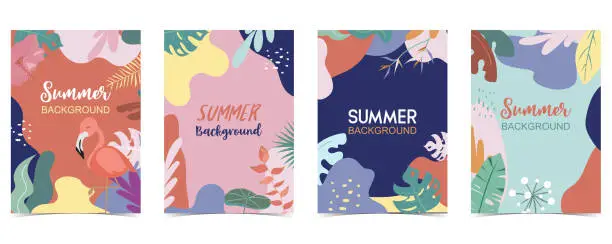 Vector illustration of Green orange summer postcard with flower,tree and leaf