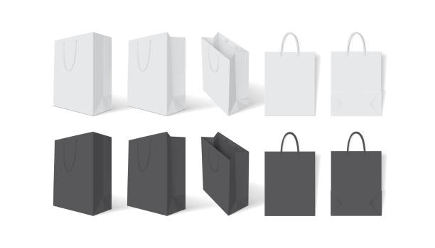 ilustrações, clipart, desenhos animados e ícones de saco de papel branco e preto no fundo branco vetor mock up - bolsa de presente