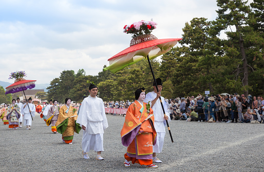 Kyoto, Japan - May 15, 2019: In Aoi Matsuri Festival, performers dressed in Heian-period costume parading through Kyoto Gyoen National Garden