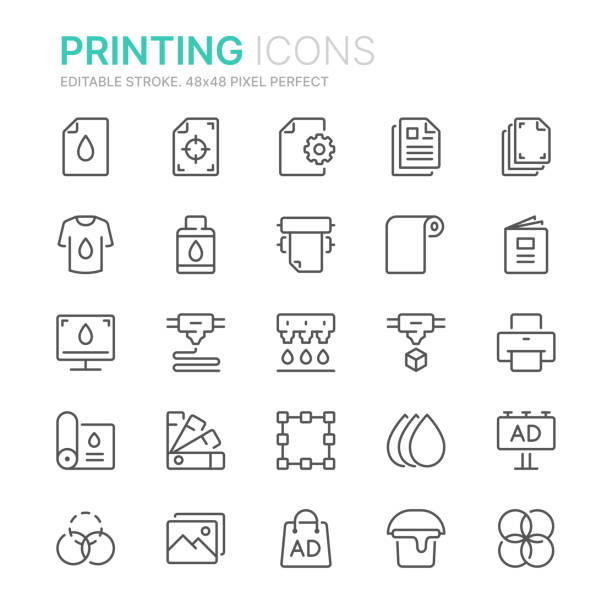 ilustrações, clipart, desenhos animados e ícones de coleção de ícones da linha da impressão. 48x48 pixel perfeito. curso editable - printing out