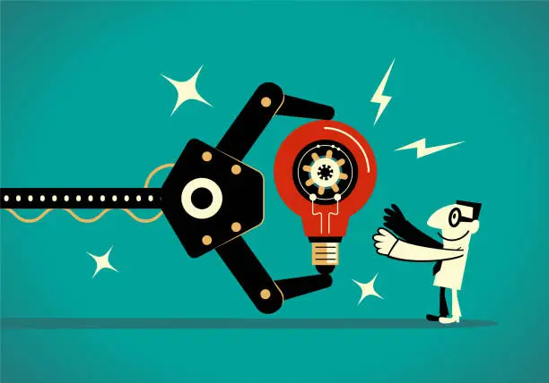 Vector illustration of Artificial intelligence robot arm showing a big idea light bulb to a businessman (maker)