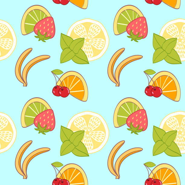 ilustraciones, imágenes clip art, dibujos animados e iconos de stock de patrón sin costuras de dibujos animados a mano de la fruta banana naranja fresa cereza de menta limón - blender illustrations and vector art food and drink seamless