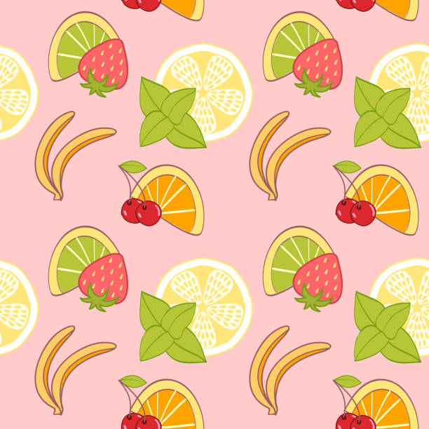 ilustraciones, imágenes clip art, dibujos animados e iconos de stock de patrón sin costuras de dibujos animados a mano de la fruta plátano naranja fresa cereza limón menta - blender illustrations and vector art food and drink seamless