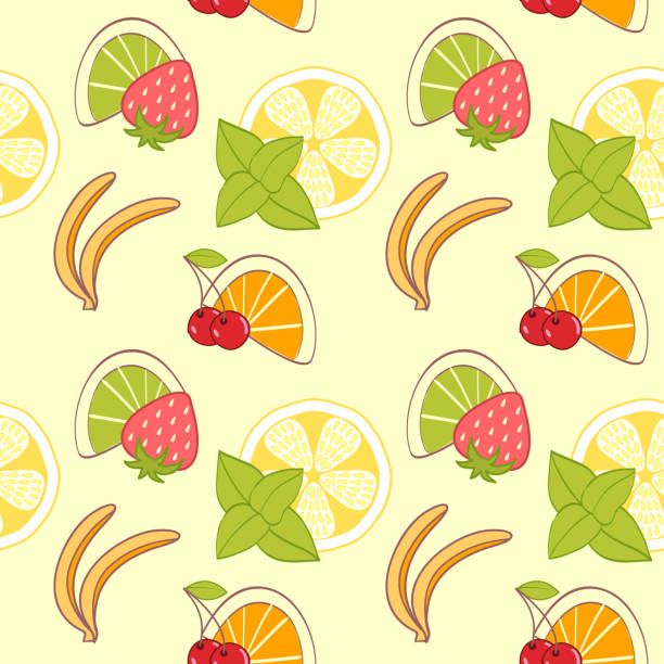 ilustraciones, imágenes clip art, dibujos animados e iconos de stock de patrón sin costuras de dibujos animados a mano de la fruta banana naranja fresa cereza de menta limón - blender illustrations and vector art food and drink seamless