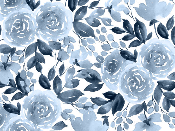 istock Monochrome watercolor background with roses. Hand painted roses in indigo blue 1150426399