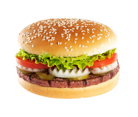 hamburger like in McDonald's with a beef cutlet on a white background, studio shooting