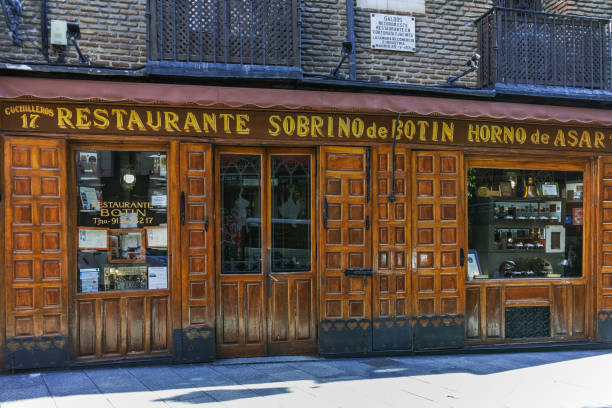 Facade of Sobrino de Botin Restaurant in City of Madrid, Spain stock photo
