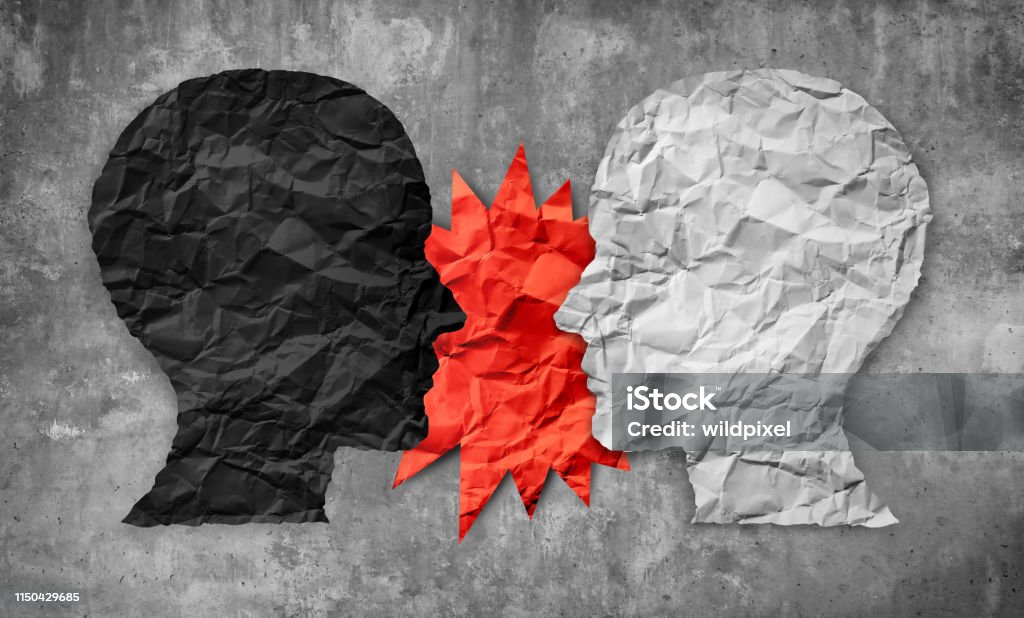 Culture War Culture war between right and wrong or conservative and liberal political clash of ideas as a 3D illustration style. Racism Stock Photo
